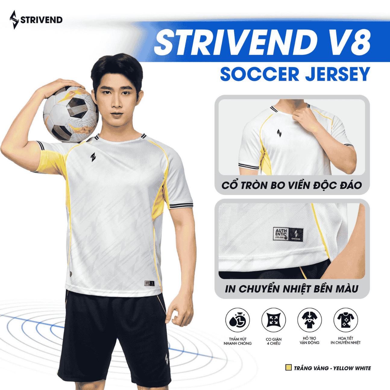Bộ Quần Áo Bóng Đá Strivend V8 Trắng Vàng