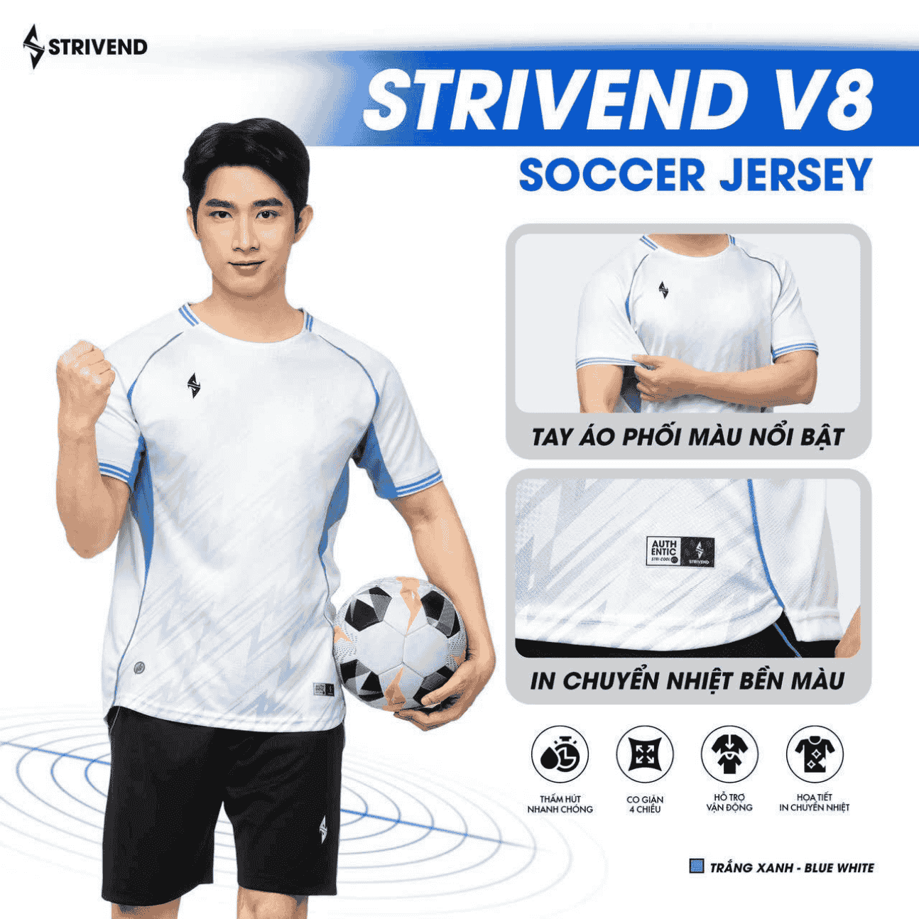 Bộ Quần Áo Bóng Đá Strivend V8 Trắng Xanh