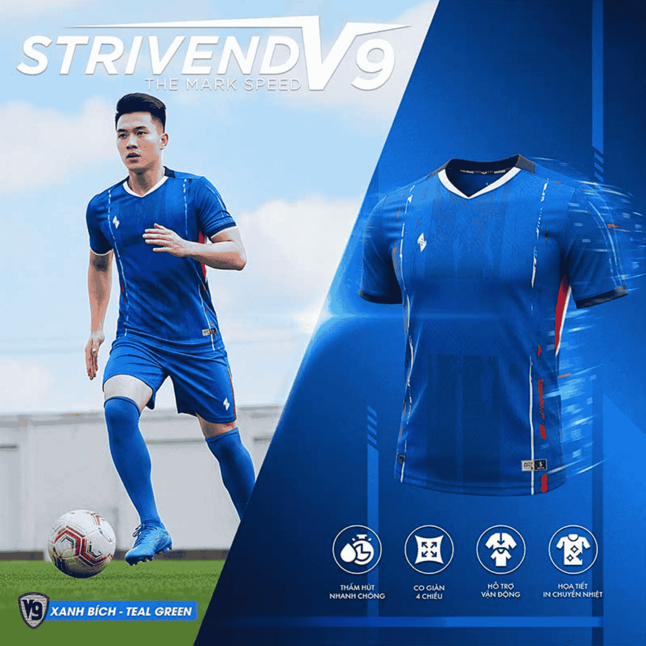 Bộ Quần Áo Bóng Đá Strivend V9 Xanh Bích